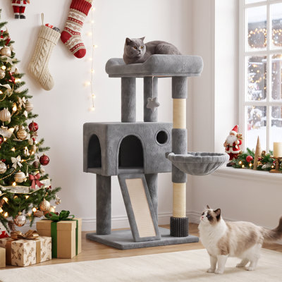 36" H Cat Tree, Kitten Tower Condo Cat House with Sisal Scratching Post, Ramp and Cat Self Groomer