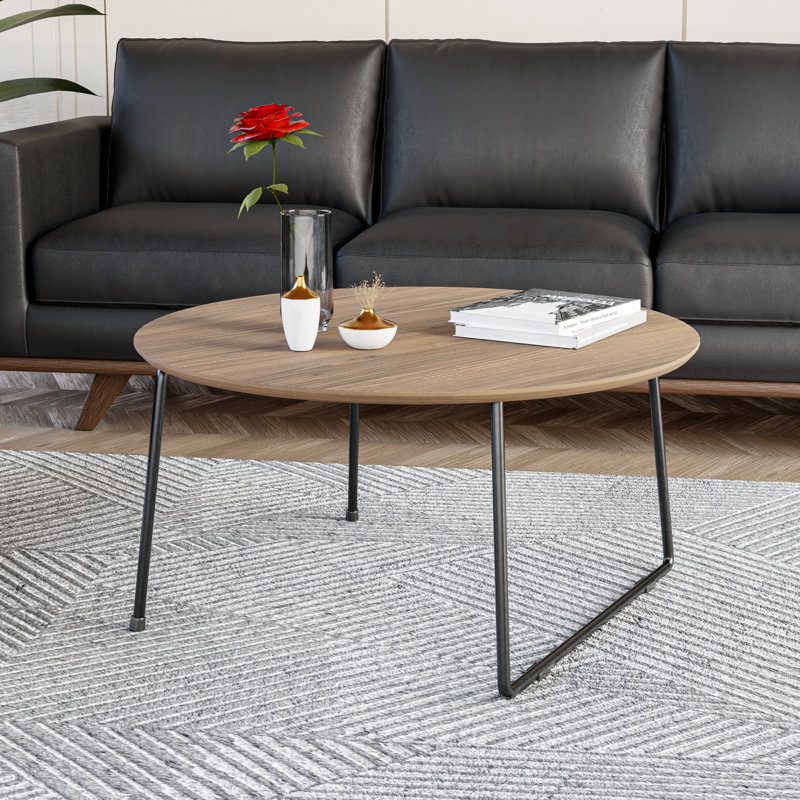17 Stories Pemborke 31" Round Coffee Table – Oak Wood Top with Powder-Coated Iron Base, Modern Compact Living Room Center Table for Home and Office
