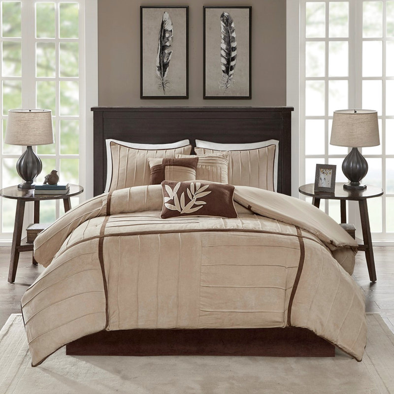 Édredon 7 pièces en fausse daim beige pour très grand lit 7 pièces, Brun, Édredon très grand californien + 6 pièces suppl