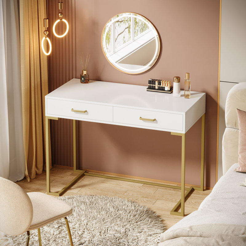 Vanity Desk with 2 Drawers, White/Gold