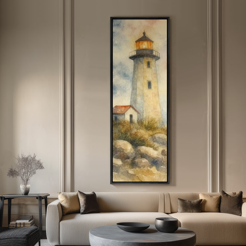 Grand art mural sur toile encadré, "Phare côtier", aquarelle nautique, bord de mer, maison de plage - 60 po x 20 po, 60 po x 30 po