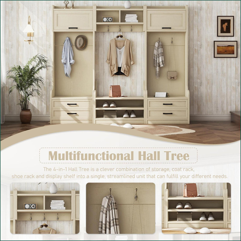 Coat Racks 4-in-1 Detachable Hall Tree with Storage, Hooks &amp; Shoe Bench, Antique Beige | Beige | Particle Board+MDF