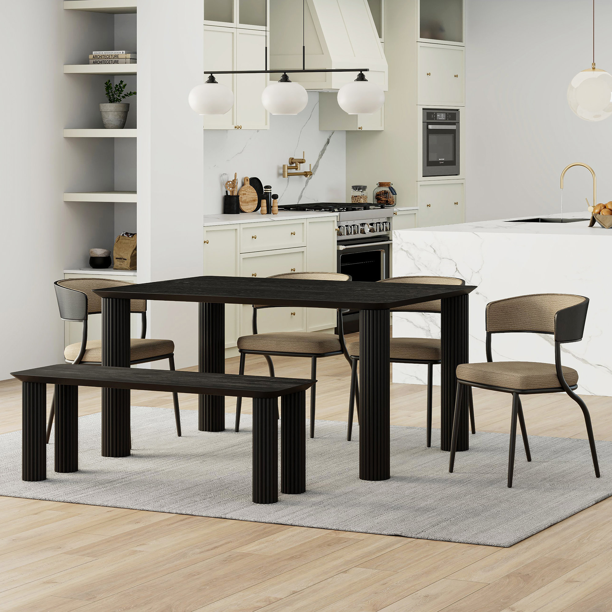 Hokku Designs 6pc Dining Set - Solid Wood Black Table and Bench with ...