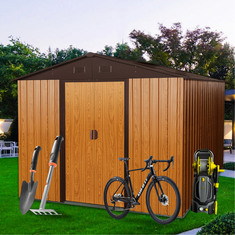Remise de rangement en métal 8 pi x 10 pi avec base, structure en fer galvanisé café, évents perforés pour la ventilation, porte coulissante cadenassable, remise extérieure facile à assembler, construction robuste, intégrée