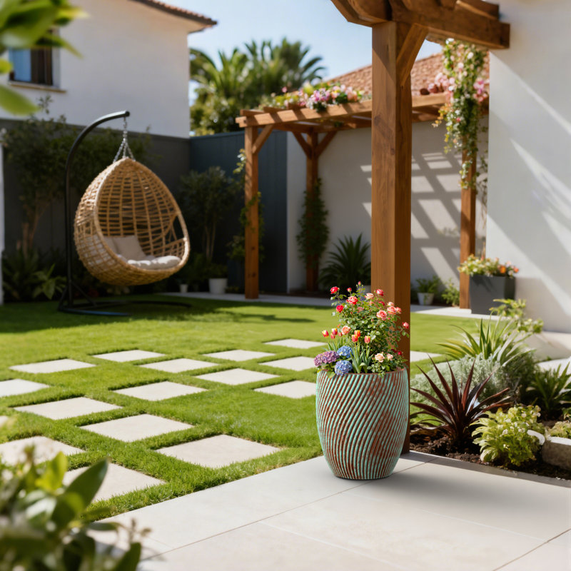Petit pot à fleurs rond en béton 11 po avec rayures bleu sarcelle et trous de drainage pour l'intérieur et l'extérieur