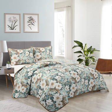 Blue & Teal Floral 3 Piece Bedding Quilt Set