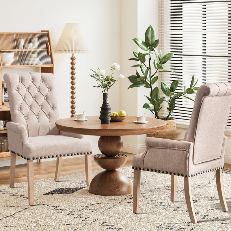 Classic High-Back Dining Chair With Button-Tufted Upholstery & Nail Head Accents, Smoke Gray Linen