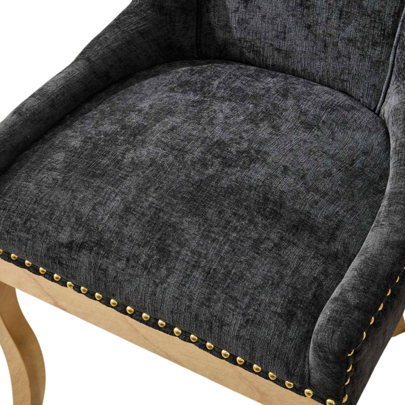 Thickened Fabric Upholstered Wooden Nailhead Dining Chair, Black, 2, Gold