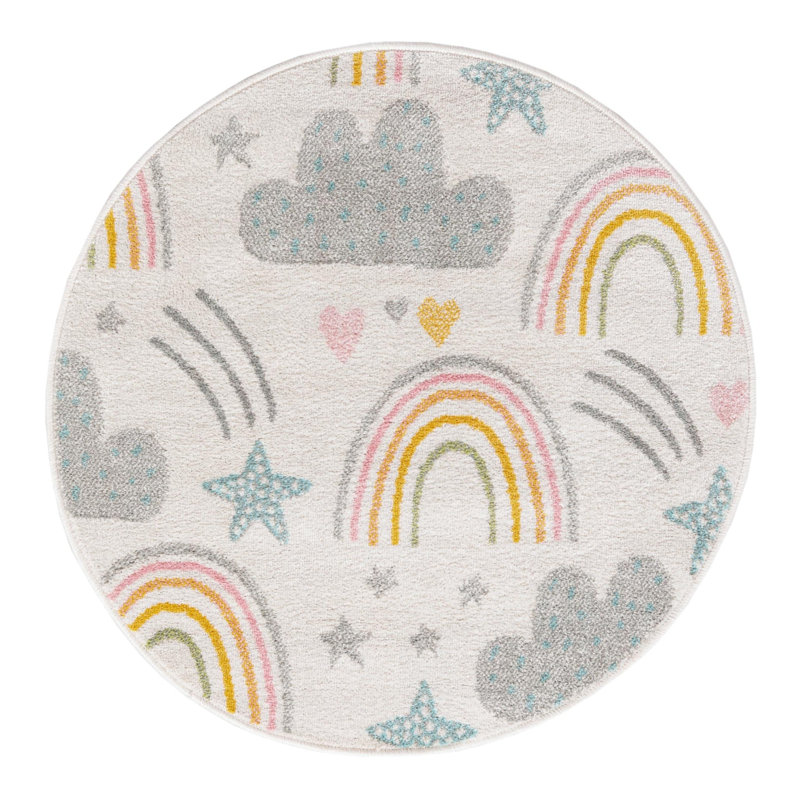 Whimsy Kids Power Loom Polypropylene Plastic Rug, Round 7'10", Blue/Yellow/Cream