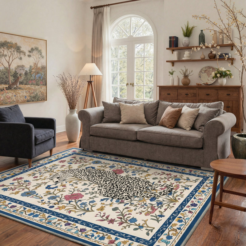 Exotic Leopard Floral Machine Washable Beige / Blue Indoor Area Rug with Non-Slip Backing, Rectangle 6' x 9'