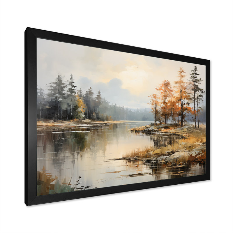 «Lakeside Fall Foliage Serenity II - Lake River», art mural, Cadre simple noir, H 34 po x l 44 po x P 1,5 po