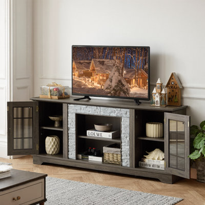 58" Modern TV Stand with 2-Door Storage – Faux Stone Media Console, Cherry Finish – Large Entertainment Center for TVs up to 65" – Adjustable Shelves,