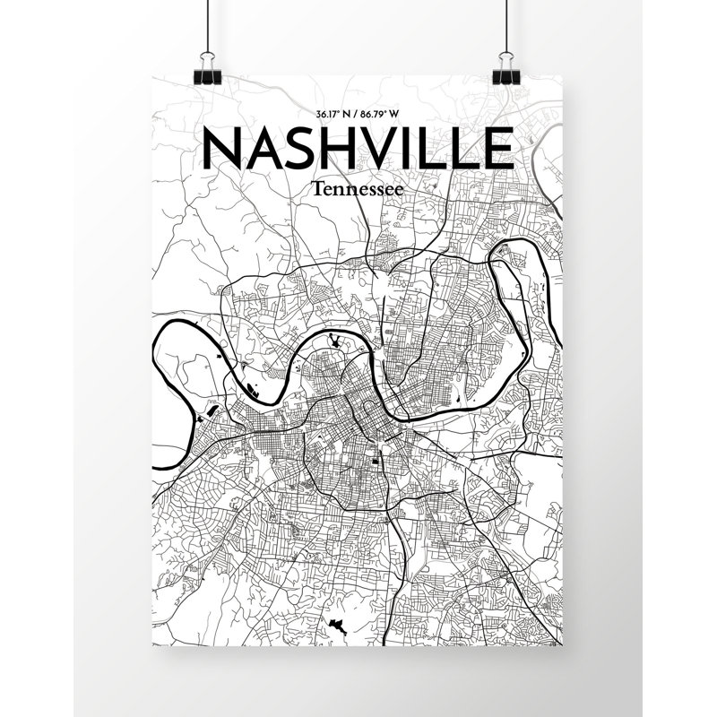 Nashville City Map - No Frame Print, 43.2cm H x 27.9cm W x 0.1cm D, Black/Grey