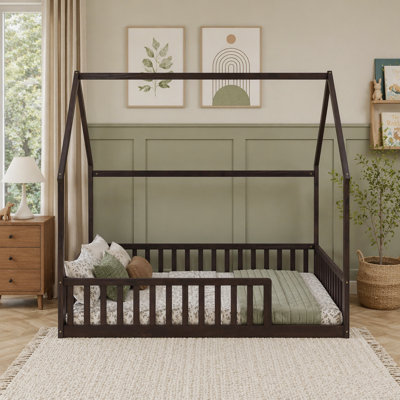 Full Size House Floor Bed with Roof Frame, Pine Wood Construction, and Safety Guardrails in Espresso Finish