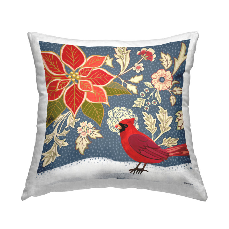 Coussin décoratif imprimé Winter Cardinal & Flowers par Jennifer Brinley Levison Designs