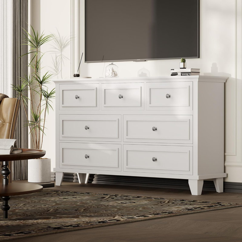 Commode blanche à 7 tiroirs, commode en bois rustique avec tiroirs profonds pour chambre à coucher ou entrée, Blanc
