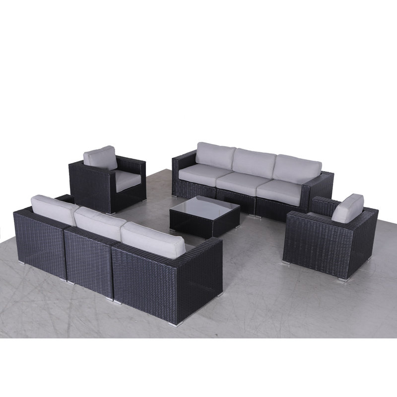 Ensemble de conversation pour 8 personnes avec coussins Demarest Wicker, Noir