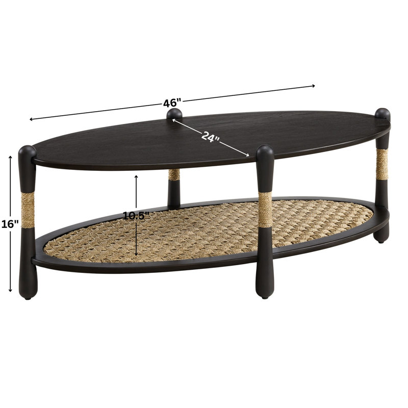 Oval Wood Coffee Table With Seagrass Shelf, Smoked Oak
