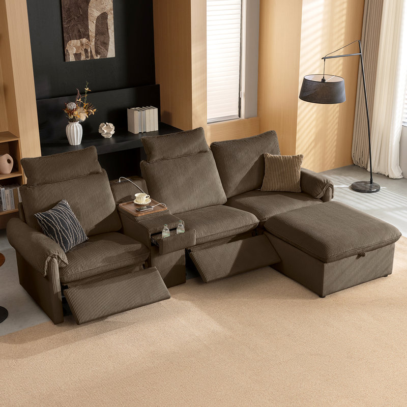 Canapé d'angle 4 places moderne, modulable et inclinable électrique, avec console et pouf de rangement, en tissu velours côtelé, marron.