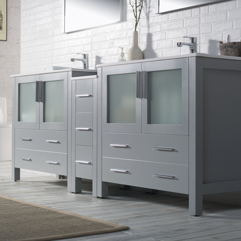 Mance 84.88'' Double Bathroom Vanity with Ceramic Top, Metal Gray