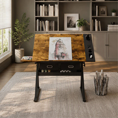Table à dessin réglable, avec 2 tiroirs et tabouret, pour le bureau à domicile ou l'école