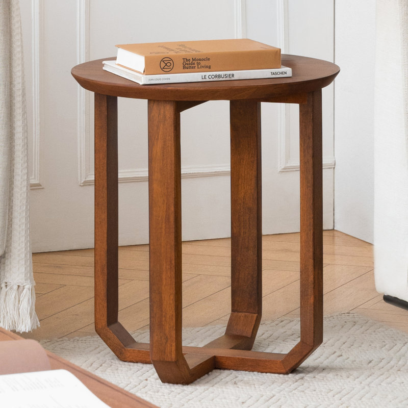 Ealyn Solid Wood Round End Table with Cross Legs, Walnut