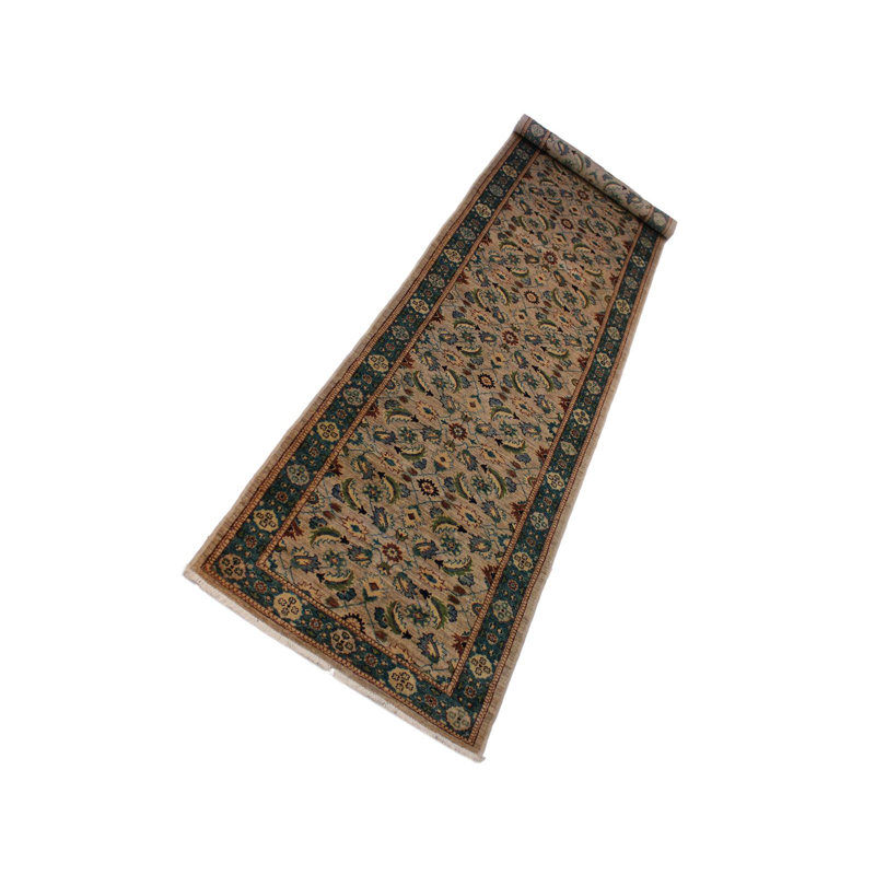 Tapis vert / beige en laine noué à la main 2 pi 11 po x 14 pi 9 po Grigori
