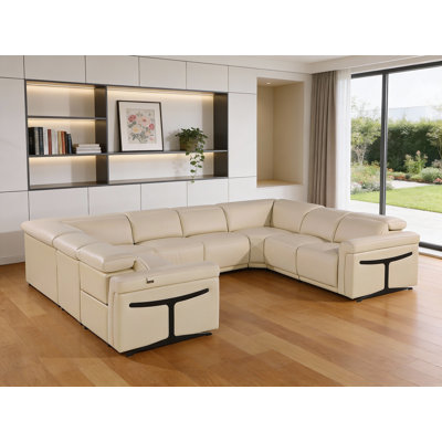 Beige Italian Leather Power Reclining U Shaped Eight Piece Corner Sectional With Console