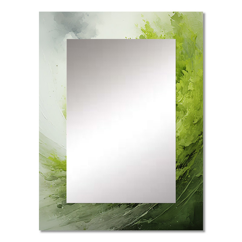 «Green and White Whsipering Abstract Spiral I», miroir décoratif spirales abstraites, miroir mural vert, impression sur métal