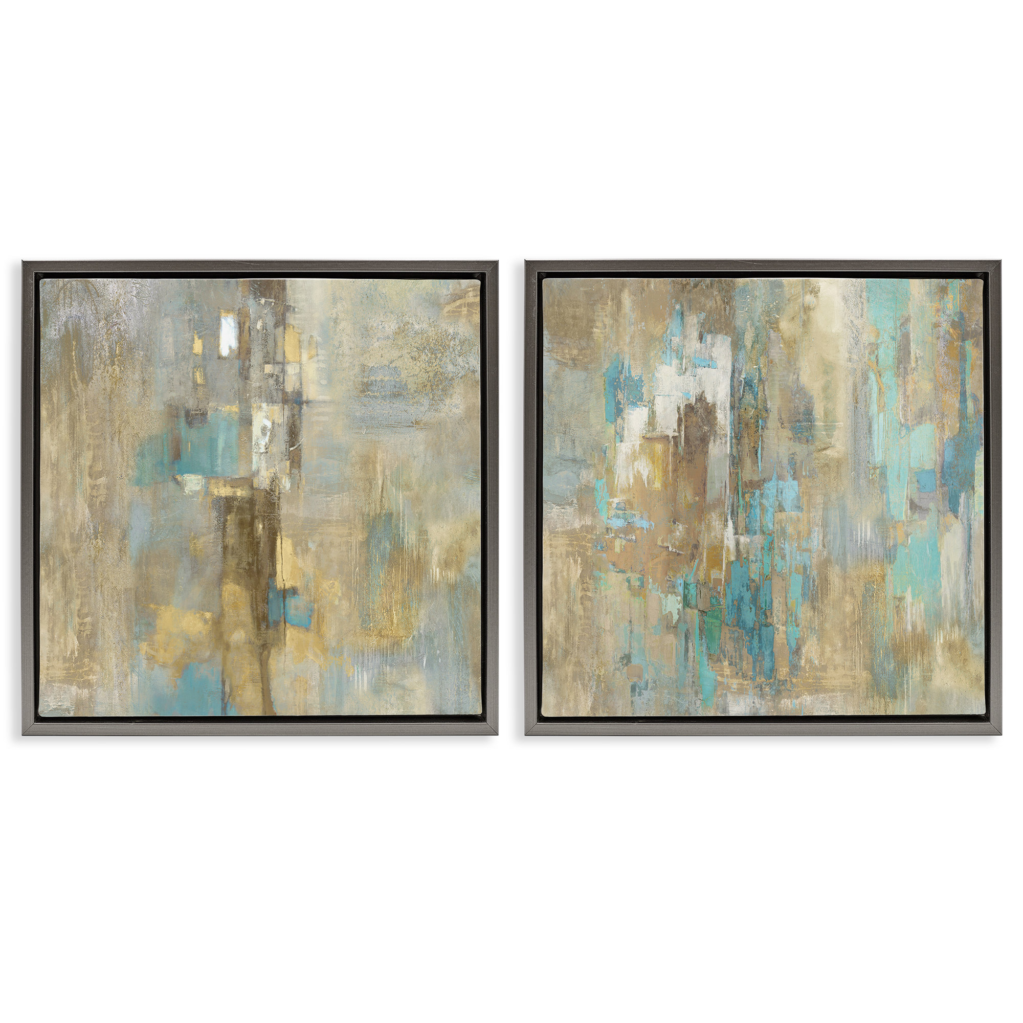 Ivy Bronx Blue & Rustic Gold Composition 2 PC Framed Floater Canvas Set ...