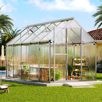 Walk-In Polycarbonate Greenhouse for Outdoors, Heavy-Duty Aluminum Frame with 2 Roof Vents and Swing Door
