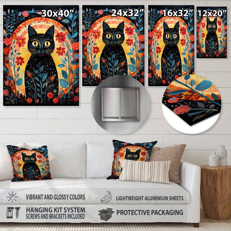 «Black Boho Flower Cat - Cat», reproduction d'art murale, H 20 po x l 12 po x P 1 po, Métal métal