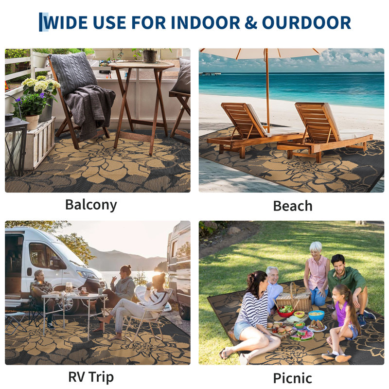 Waterproof Plastic Rug Reversible Outdoor Rug, Weather Resistant Outside Carpet, Portable RV Camping Mat with Carry Bag & Stakes for Patio Porch Garden Yard