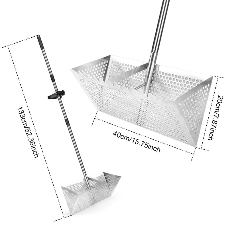 Stainless Steel Beach Sand Sifter, Beach Sand Shovel with Shell Basket, 133 cm Adjustable Sand Shovel with Three Piece Handle 20×40 cm Basket, Sand Shovel and Digging Tools Silver White