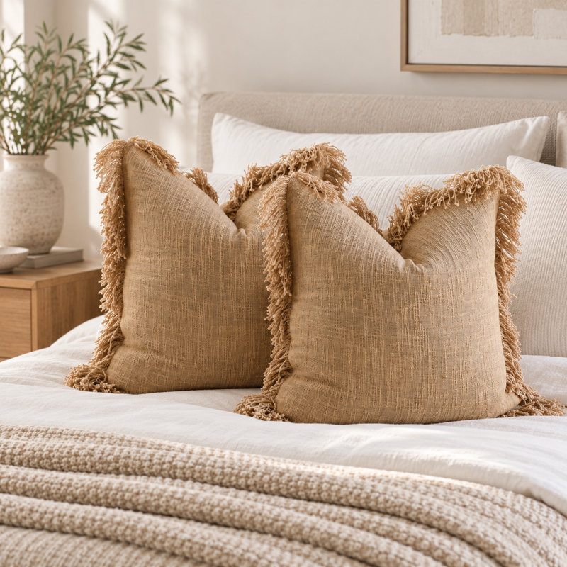 Boho Fringed 100% Cotton Throw Pillow Cover, 18" x 18", Brown