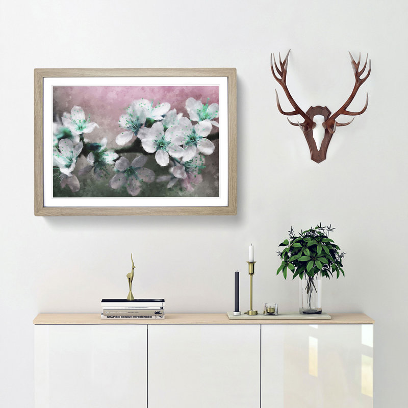White Cherry Blossom Tree in Bloom - Picture Frame Painting Print, Oak Framed, 45cm H x 63cm W x 2cm D