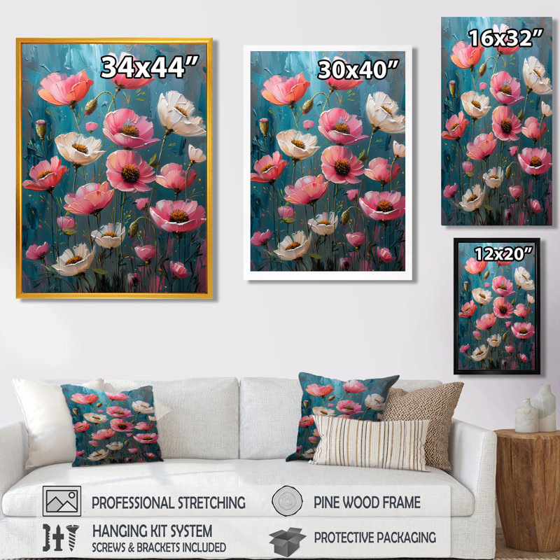 Décoration murale symphonique rose et blanche - coquelicots, H 20 po x l 12 po x P 1 po, Toile encadrée noire simple