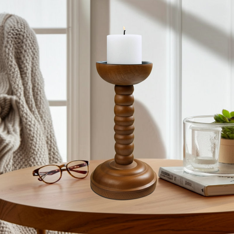 Wood Candle Holder With Sculpted Round Base And Turned Detailing Decorative Accent For Modern Casual Style, Brown