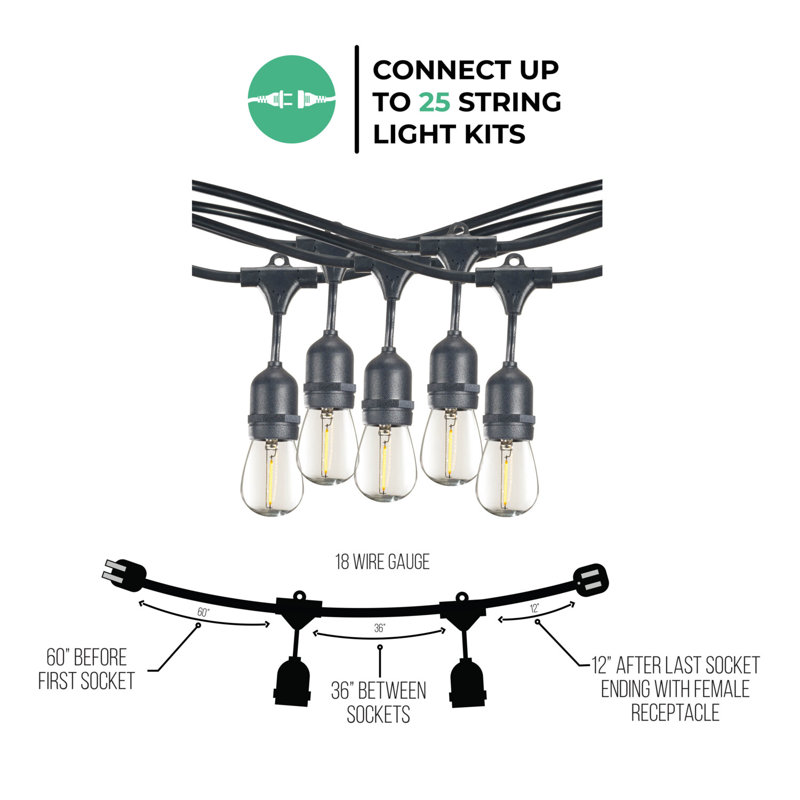 Outdoor LED String Light Set 48 Ft with 15 Clear S14 Bulbs and E26 Sockets