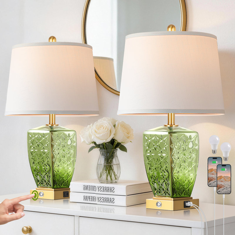 Ensemble de 2 lampes de table en verre de 23 po, lampes de chevet pour chambre à coucher avec ports USB A + C, lampe de table de chevet à commande tactile à intensité variable à 3 voies pour le décor du salon, vert