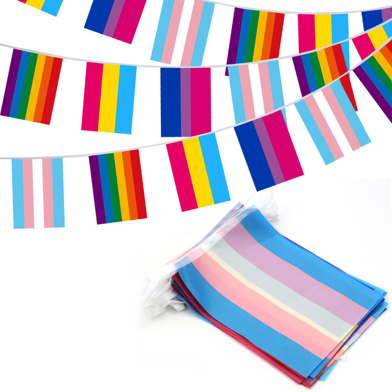 Abbad 32pcs Assorted Rainbow String Flags - 4 Mixed Pennant Banners with LGBT, Pansexuality, Bisexuality, and Transgender - 32 Flags 26 Feet