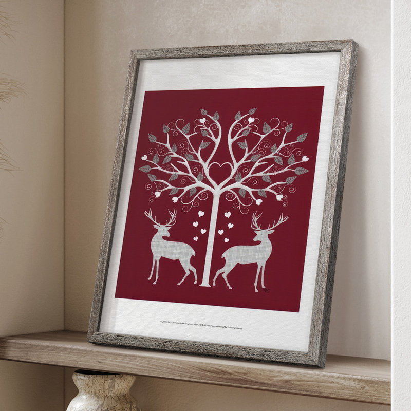 «Christmas Des Deer and Heart Tree», reproduction encadrée grise sur bois rouge, H 30 po x l 24 po