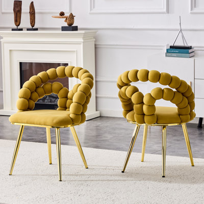 Set of 2 Modern Yellow Velvet Dining Chairs Puffy Bubble Ball Chain Back Accent Chairs with Gold Plated Legs