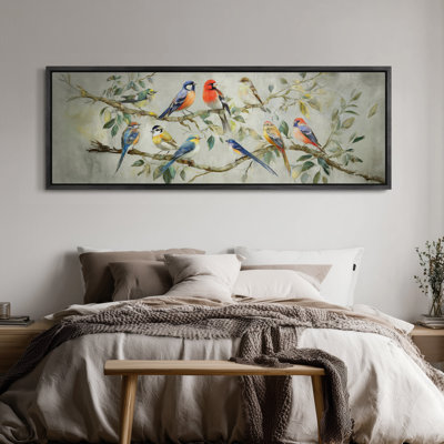Extra Large Colorful Birds on Branch Nature Framed Canvas Print Wall Art