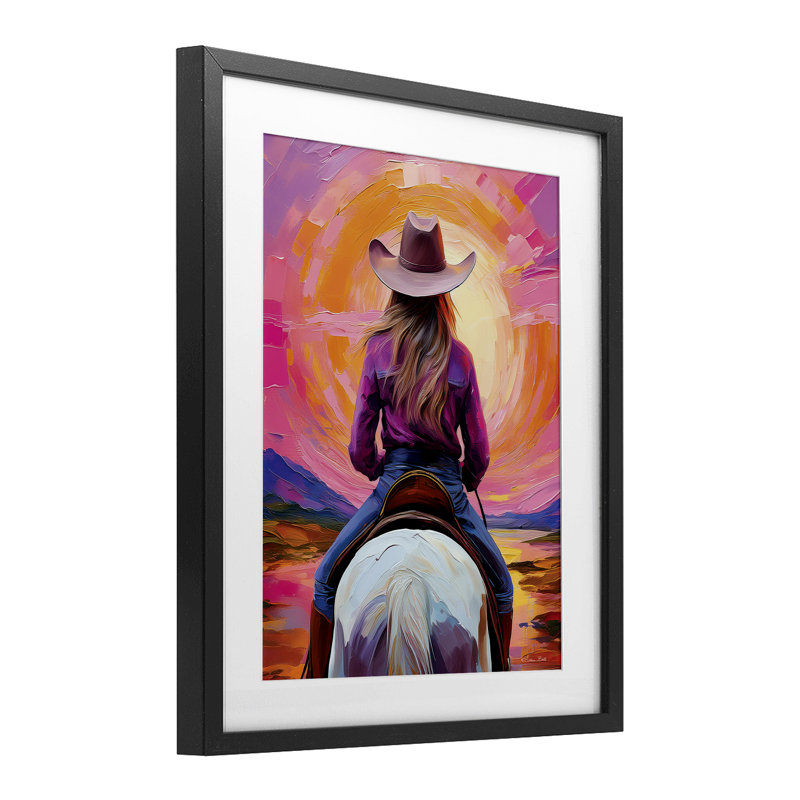 «Riding Into The Sunset», reproduction sous verre encadrée, conception de Susan Ball, H 16 po x l 13 po, Cadre noir minuit