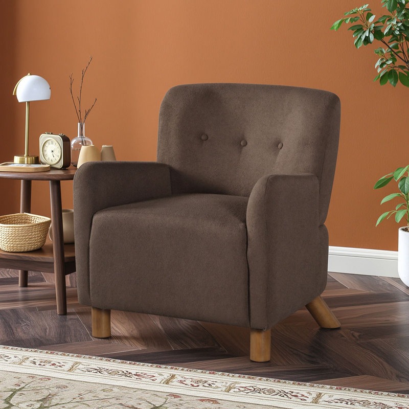 Fauteuil d'appoint moderne en lin capitonné avec siège rembourré, accoudoirs et pieds en bois d'hévéa, Brun