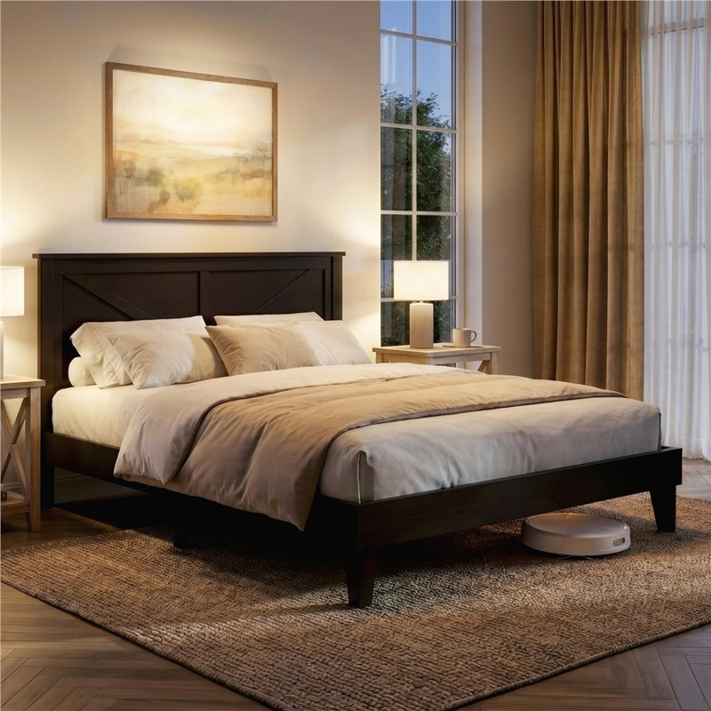 Farmhouse Wood Bed Platform with Headboard, Full / Double, Espresso