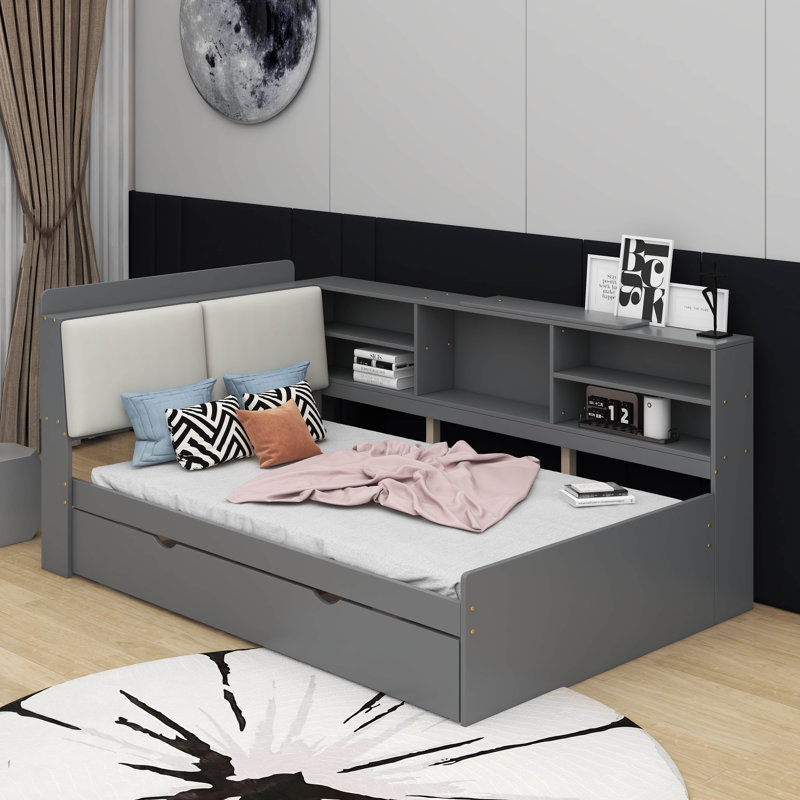 Lit plateforme en bois avec lit gigogne et tête de lit, gris