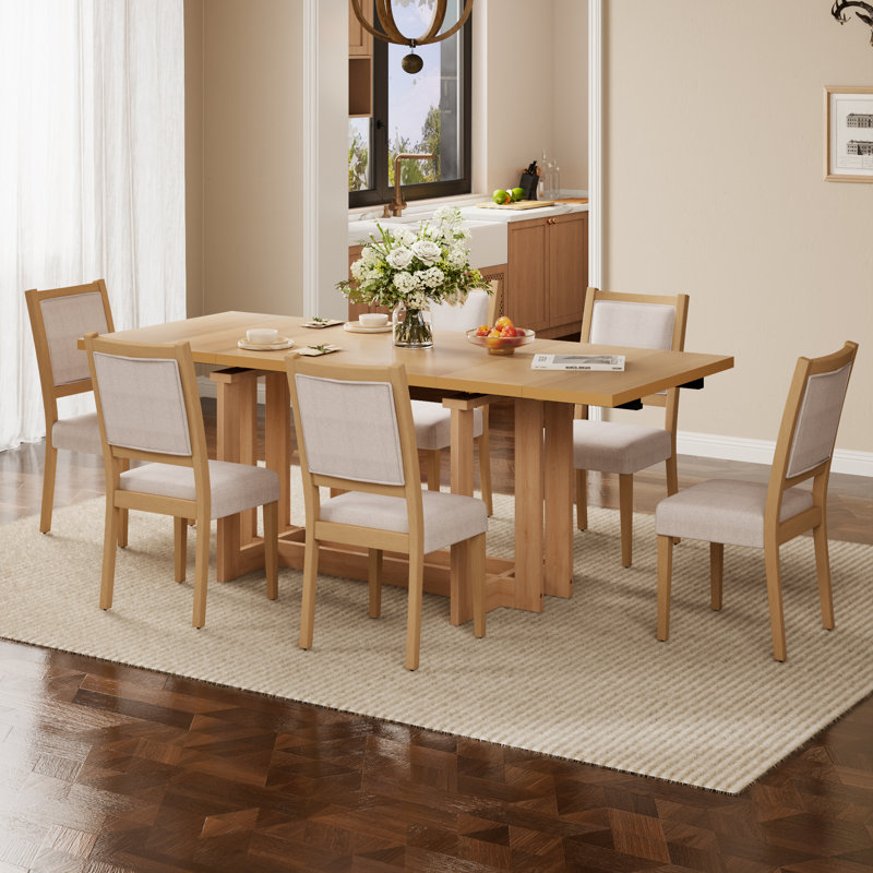 Ensemble de salle à manger extensible 7 pièces, table extensible rectangulaire, bois, placage de grain de bois, maison de campagne moderne, salle à manger