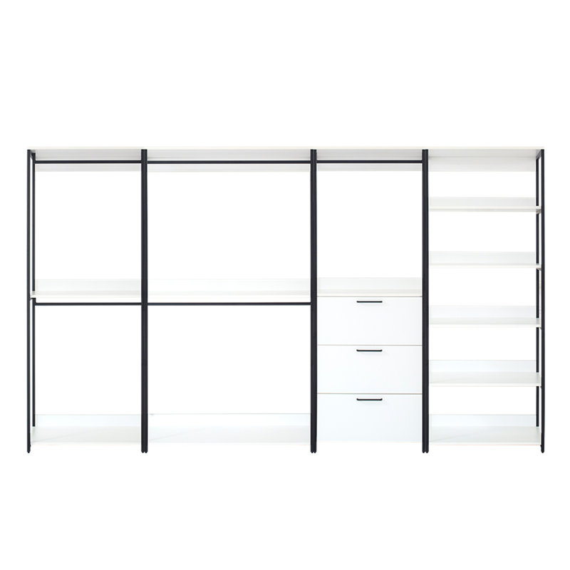 Système de garde-robe autoportant à 4 tablettes et 8 tours avec structure en métal